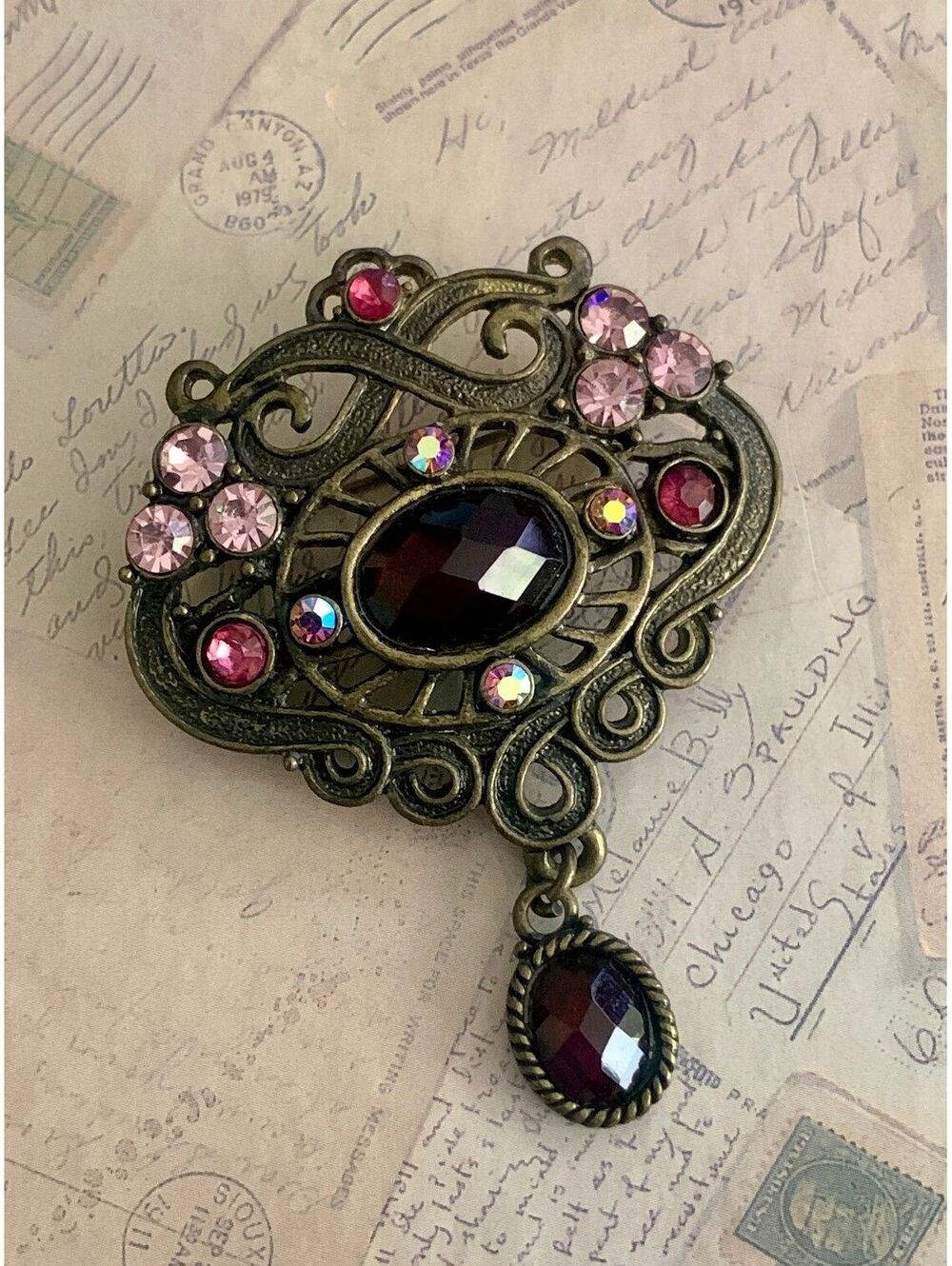 Vintage Ornate Antique Style Brooch with Pink and Red Gemstones Sparkle